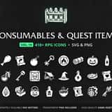 RPG Potions & Quest Items Icons Vol.19 – 416 vector game icons: potions, food, scrolls, bombs, ammo, quest relics, charms, keys and tavern games, in SVG and PNG