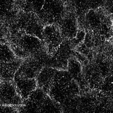 White particles forming a cellular network-like pattern against a pure black background
