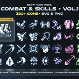 Sci-Fi Combat & Skills Icon Pack Vol.1 cover showing 320+ cyberpunk ability icons including plasma strikes, neural attacks, cyber fists and augmented skills in SVG and PNG format with 6 color variants