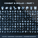 Sci-Fi Combat & Skills Vol.1 Part 1 category preview showing combat ability icons including weapons, shields, crosshairs, skull symbols and tactical attack indicators