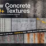 Cover graphic for the 130+ Raw Concrete 4K Textures pack, displaying a collage of architectural formwork, rusted cement, painted walls, and damaged industrial surfaces.