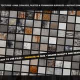 A massive grid preview showcasing over 130 high-resolution raw concrete textures, including damaged walls, industrial floors, spalling, and rusted cement backgrounds.