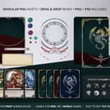 Blank trading card template breakdown featuring drag-and-drop modular PNG assets, empty golden frames, and stat icons