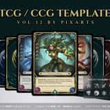 Premium royal dragon trading card game template UI kit showcasing golden armor card borders and high-fantasy RPG layouts.