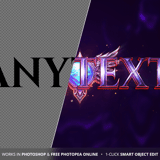 Photoshop text effect preview for Lanoria logo showing raw text input and the final styled 3D purple result