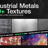 Cover -Industrial Metals CORE Vol. 1 texture pack. A collage showcasing various metal types including scratched steel, peeling painted rust, and iridescent copper. Text highlights 190+ textures in 4K.