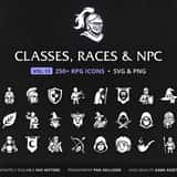 RPG Classes, Races & NPC Icons Vol.13 – 256 vector game icons: class emblems, class portraits, races, town NPCs, factions and companions, in SVG and PNG
