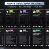 All 10 volumes in the RPG Game Icon Mega Bundle Vol.11–20 with icon counts