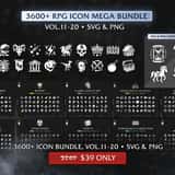 RPG Game Icon Mega Bundle Vol.11–20 – 3616 vector RPG game icons in SVG and PNG: crafting, monsters, classes, world map, skills, mounts, status effects, UI, potions and housing