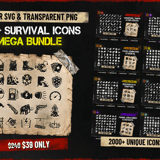 Ultimate Survival Game Icon Mega Bundle Vol.1-8 cover showing 2000+ post-apocalyptic icons including weapons, armor, tools, resources, food, creatures and UI elements in SVG and PNG format