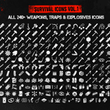 Complete collection grid of all 240+ Survival Weapons, Traps & Explosives icons showing melee weapons, firearms, ammunition, traps and explosive devices