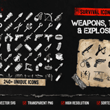 Survival Icons Vol.1 Weapons, Traps & Explosives cover showing 240+ post-apocalyptic weapon icons including melee weapons, firearms, traps and explosives in SVG and PNG format