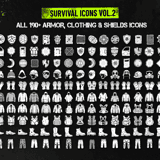 Complete collection grid of all 190+ Survival Armor, Clothing & Shields icons showing helmets, gas masks, gloves, jackets, vests, boots and pants
