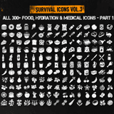 Complete collection grid part 1 of Survival Food, Hydration & Medical icons showing canned food, meat, bread, drinks, fruits and vegetables