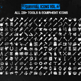 Complete collection grid of all 220+ Survival Tools & Equipment icons showing hammers, axes, fishing gear, locks, ropes and camping equipment