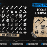 Survival Icons Vol.4 Tools & Equipment cover showing 220+ survival icons including hand tools, fishing gear, climbing equipment and camping supplies in SVG and PNG format