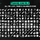 Complete collection grid of all 190+ Survival Loot, Trade & Valuables icons showing toys, cards, electronics, documents, jewelry and trade goods