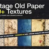 Cover graphic for the 100+ Vintage Old Paper 4K Textures pack, showcasing five vertical samples of crumpled, stained, cyanotype, antique letter, and ink-splattered paper backgrounds.