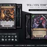 Dark fantasy card frame design for digital CCG, showcasing silver gothic borders, character art, and RPG stat icons.