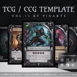 Premium dark gothic dragon TCG template UI kit showcasing iron cathedral card borders and dragon skull crest card backs.