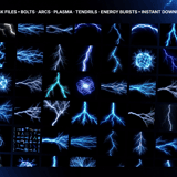 Preview grid of 50+ lightning and electric effect overlays including bolts, arcs, plasma spheres and energy bursts