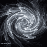 Bright white smoke forming a wide spiral swirl against a deep black background
