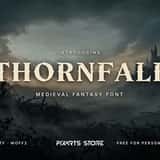 Thornfall spiked medieval fantasy font, cover with the font name