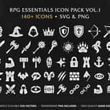 RPG Essentials Vol.1 - Collection of 140+ flat vector game icons, including swords, potions, and inventory RPG icons in SVG and PNG format