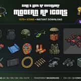 Modern RP Icons Vol.4 Gear, Crafting & Loot cover with FiveM inventory icons for crafting materials, weapon attachments, ammo, loot, keys and tactical gear