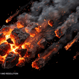 Meteors & Comets overlay — glowing lava asteroid explosion with radial burst and rocky debris on black background