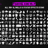 Complete collection grid of all 180+ Survival UI, Skills & Status Effects icons showing radiation warnings, health indicators, navigation arrows and HUD symbols