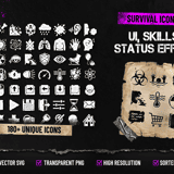 Survival Icons Vol.8 UI, Skills & Status Effects cover showing 180+ survival icons including status indicators, navigation arrows, skill icons and HUD elements in SVG and PNG format