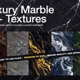 Cover graphic for the 50+ Luxury Marble 4K Textures pack, displaying premium slices of dark exotic stone including blood red, graphite, black with gold veins, midnight blue, and emerald green.