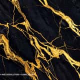 Highly luxurious dark marble texture showing a pitch-black background intersected by thick, striking, and vibrant metallic gold veins.