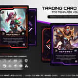 Blank trading card template breakdown featuring drag-and-drop modular PNG assets, empty sci-fi neon frames, and holographic icons.