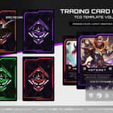Custom trading card back design variations featuring geometric mech vault doors and neon circuitry for digital CCGs.