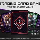 Premium sci-fi neon TCG template UI kit showcasing futuristic HUD card borders and geometric mech layouts.