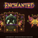 Detailed presentation of a fairy tale card game UI kit, highlighting the stained-glass butterfly crest and natural druidic card back design.