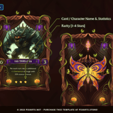Close-up breakdown of a hand-drawn wooden card border design, featuring organic text box layouts and rarity star indicators for casual RPGs.