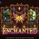 Hand-painted enchanted nature trading card game template UI kit showcasing wooden frames, magical vines, and butterfly card back.