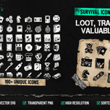 Survival Icons Vol.6 Loot, Trade & Valuables cover showing 190+ survival icons including collectibles, trade goods, documents and valuable items in SVG and PNG format