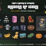 Modern RP Icons Vol.3 Props & Housing cover with FiveM item icons for furniture, decor, appliances, kitchen, garden, pets and casino props on a transparent background
