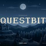 Questbit pixel RPG font, title over a pixel art castle at night