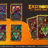 Asian fantasy card back design variations featuring heavy gold frames, ornate green jade weapons, and oriental magic elements.