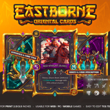 Premium Eastborne oriental trading card game template UI kit showcasing golden asian fantasy borders, jade gems, and wuxia RPG layouts.
