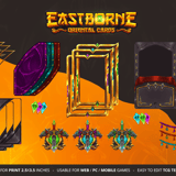 Blank trading card template breakdown showing drag-and-drop modular PNG assets, separated gold oriental frames, tassels, and UI gems.