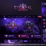 Eternal dark fantasy MMORPG website template – purple gold design with animated video header variants