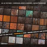 A large grid preview showcasing over 65 high-resolution heavy rust textures, including peeling iron, oxidized copper, vertical rust drips, and industrial decay.