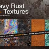 Cover graphic for the 65+ Heavy Rust 4K Textures pack, displaying a collage of deep orange corrosion, iridescent oil spills, dark decayed iron, and green copper oxidation.