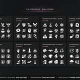 Icon categories in RPG Status Effects Icons Vol.17: Buffs & Blessings, Debuffs & Curses, Damage Over Time & Elements, Control & Mental States, Auras & Barriers, Healing & Movement, Transformations & S